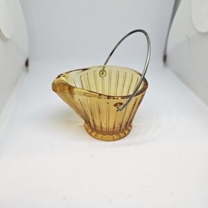 Vtg Amber Ribbed Coal Ash Bucket Small  With Metal Handle 3"x 2"